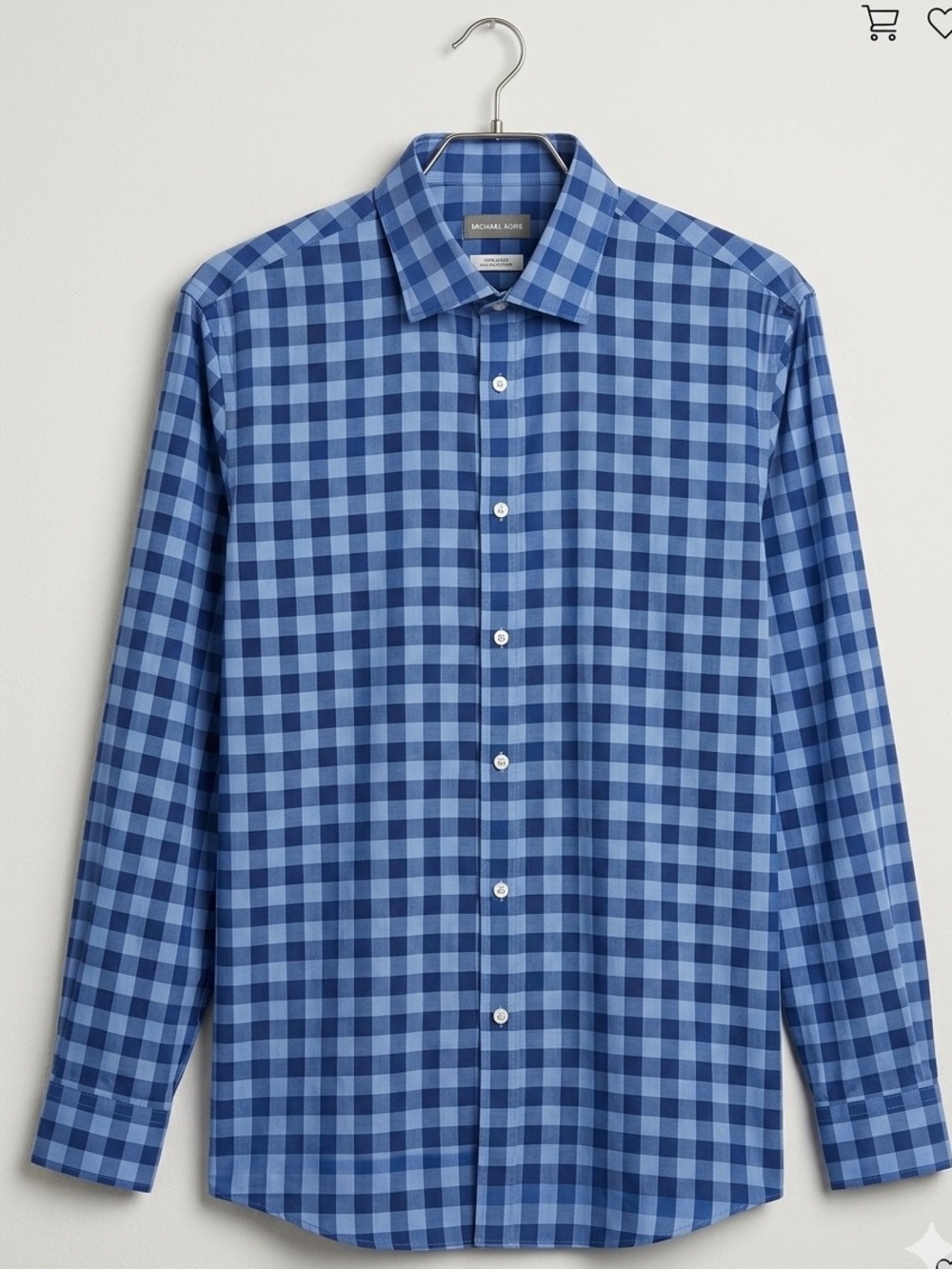 Michael Kors Mens Blue Gingham Long-Sleeve Dress Shirt - office wear